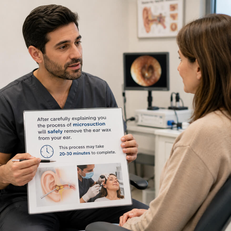 Clinician explaining how microsuction earwax removal works to a patient