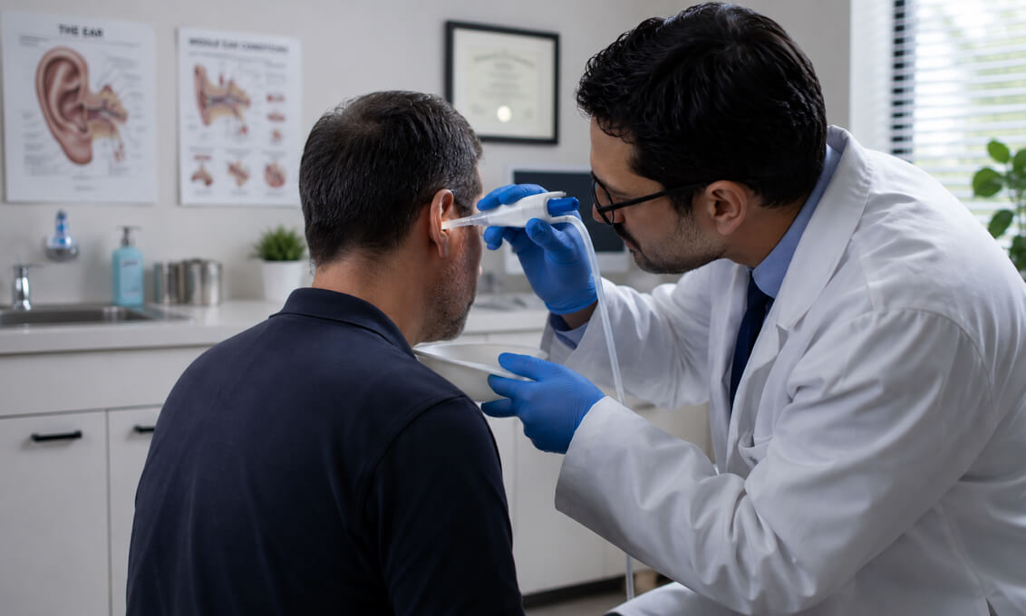 Audiologist performing a pre-otoscopic ear examination at an EarWax London clinic